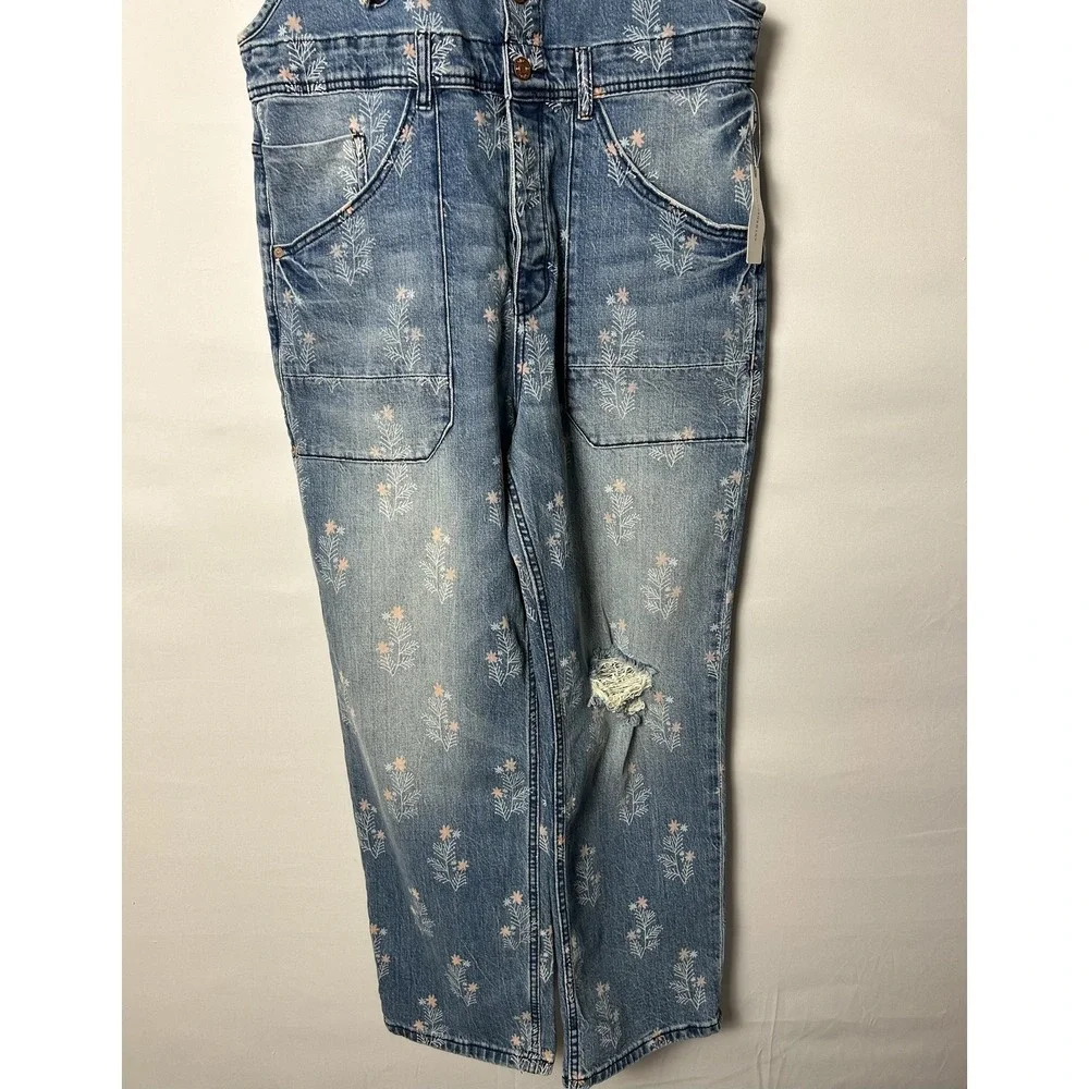 Pilcro Overalls Painters Womens 31 Floral Distressed Denim Boho Fairy Relaxed - Picture 3 of 11